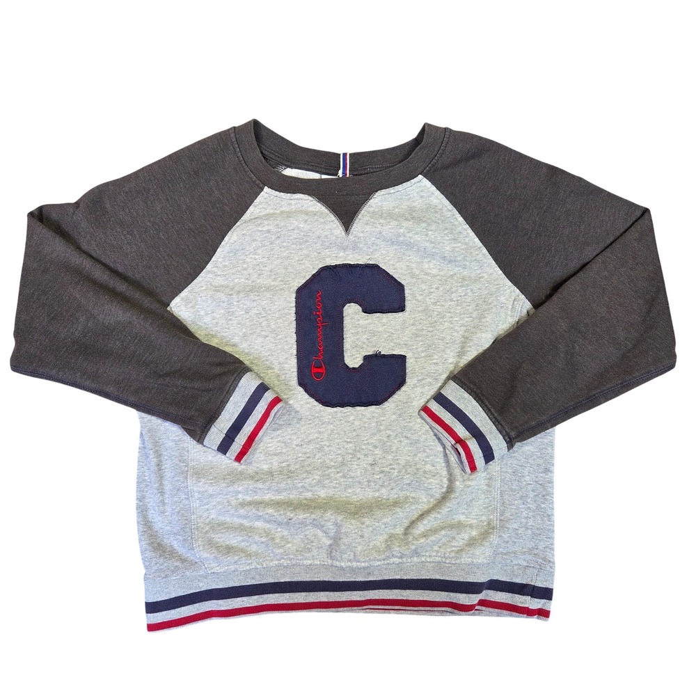 Champion Womens Raglan Sweatshirt Gray Charcoal Chenille C Patch XS Sporty